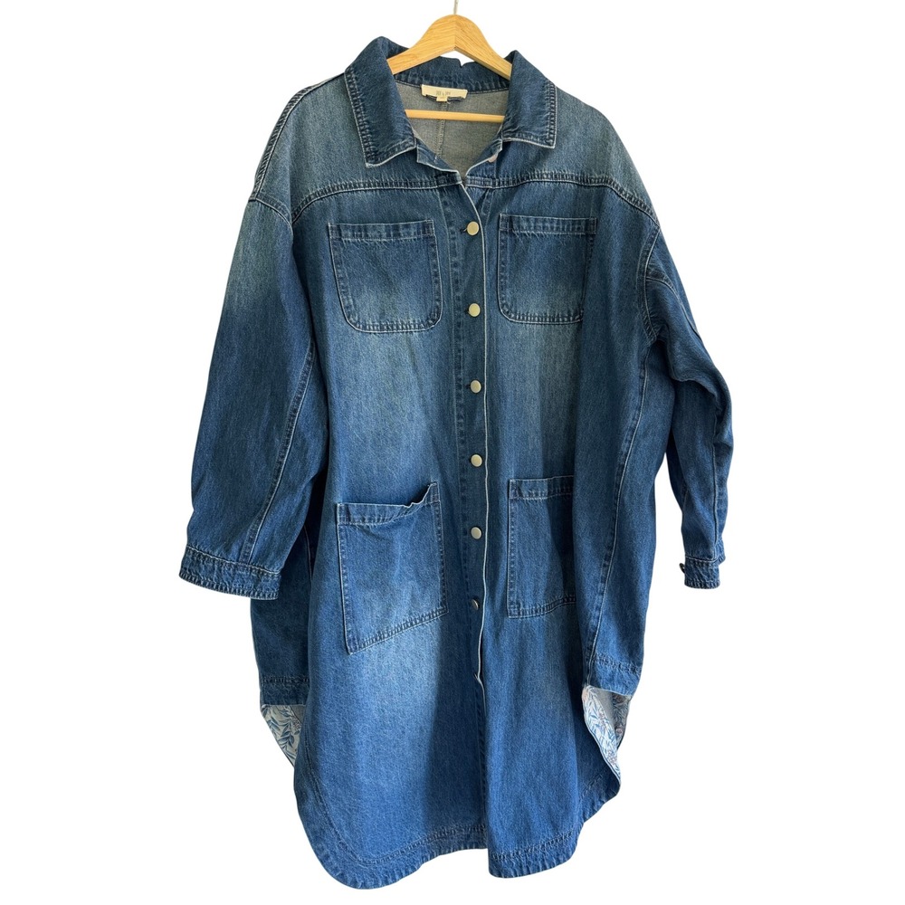 Jade by Jane Womens 1X Blue Denim Shirt Dress Longline Shacket Pockets Faded 1X